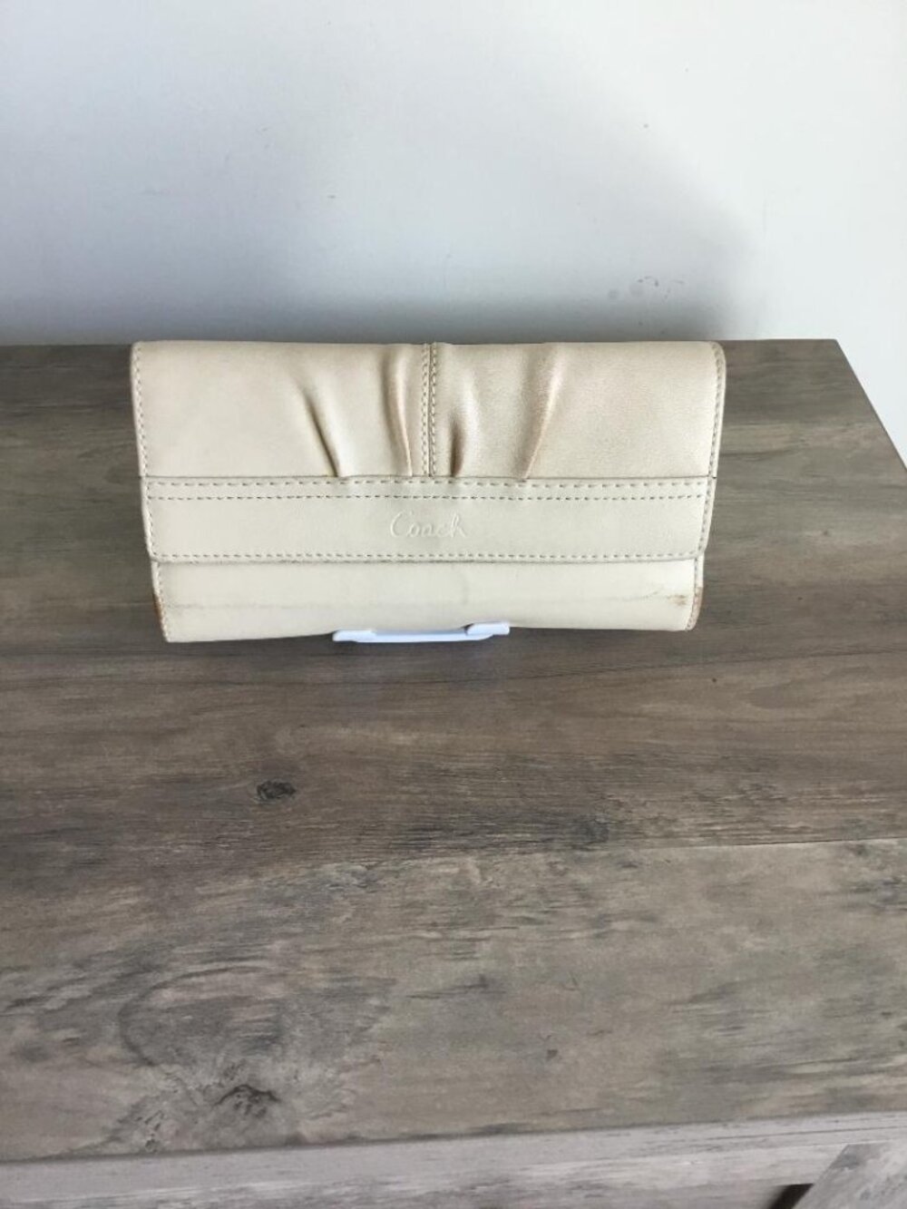 Coach Pleated Trifold Leather Wallet in Cream Color